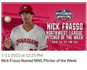 Nick Frasso Named NWL Pitcher of the Week