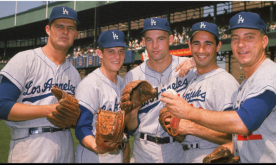 Dodgers pitchers (from left to right) Don Drysdale, Pete Richert, Stan Williams, Sandy Koufax and Johnny Podres